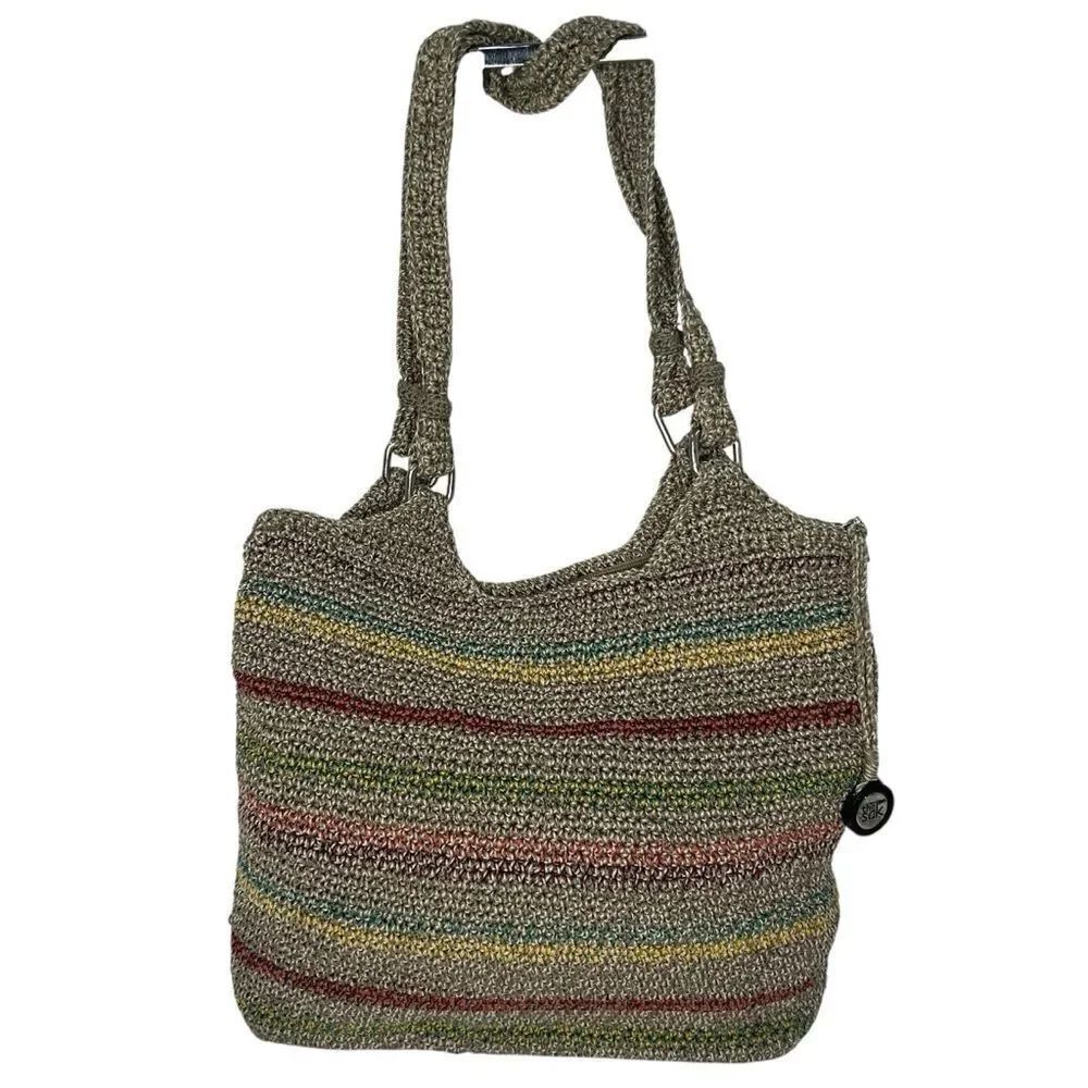 THE SAK Voyager Crochet Gray Stripped Belle Shoulder Tote Bohemian Medium Bag